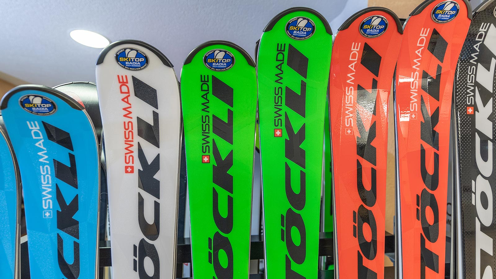 Detail of the Ski Top Badia logo on rental ski equipment
